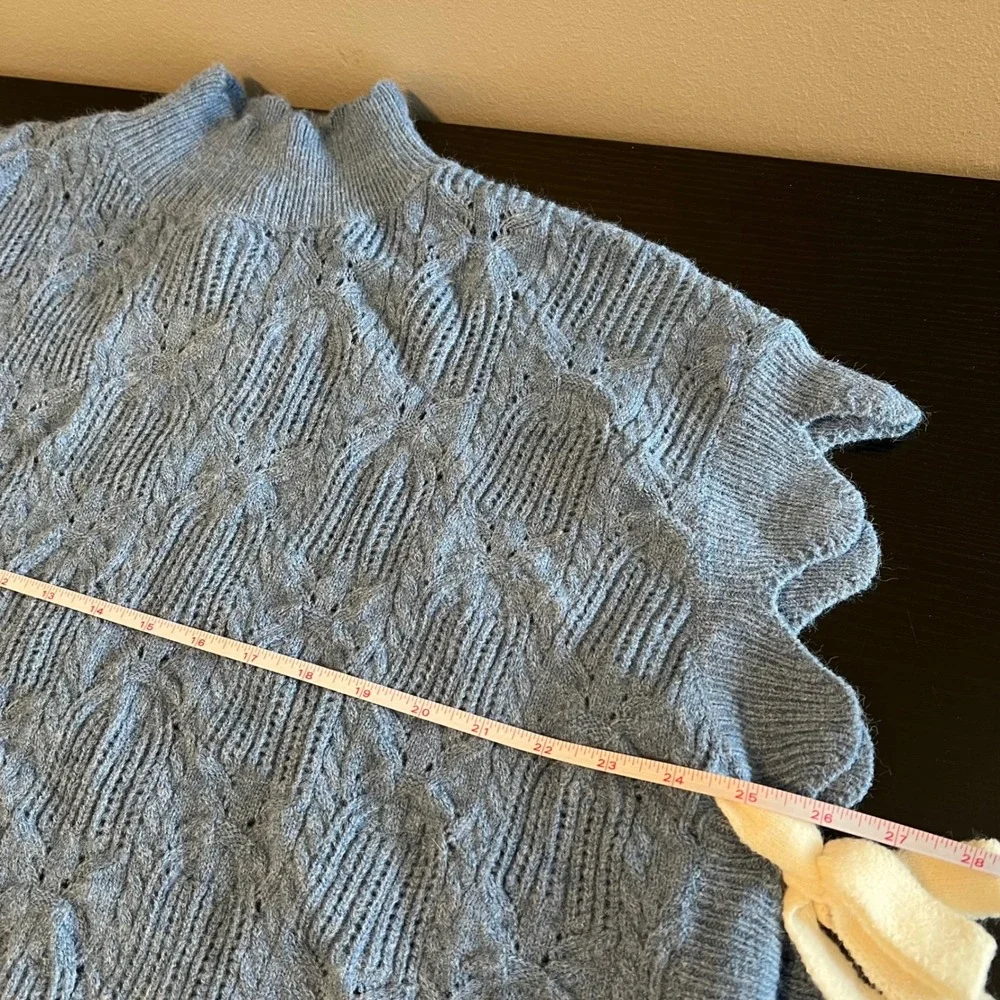 AnnieWear Los Angeles Blue Pointelle Knit Poncho Scalloped Side Tie Sweater L
